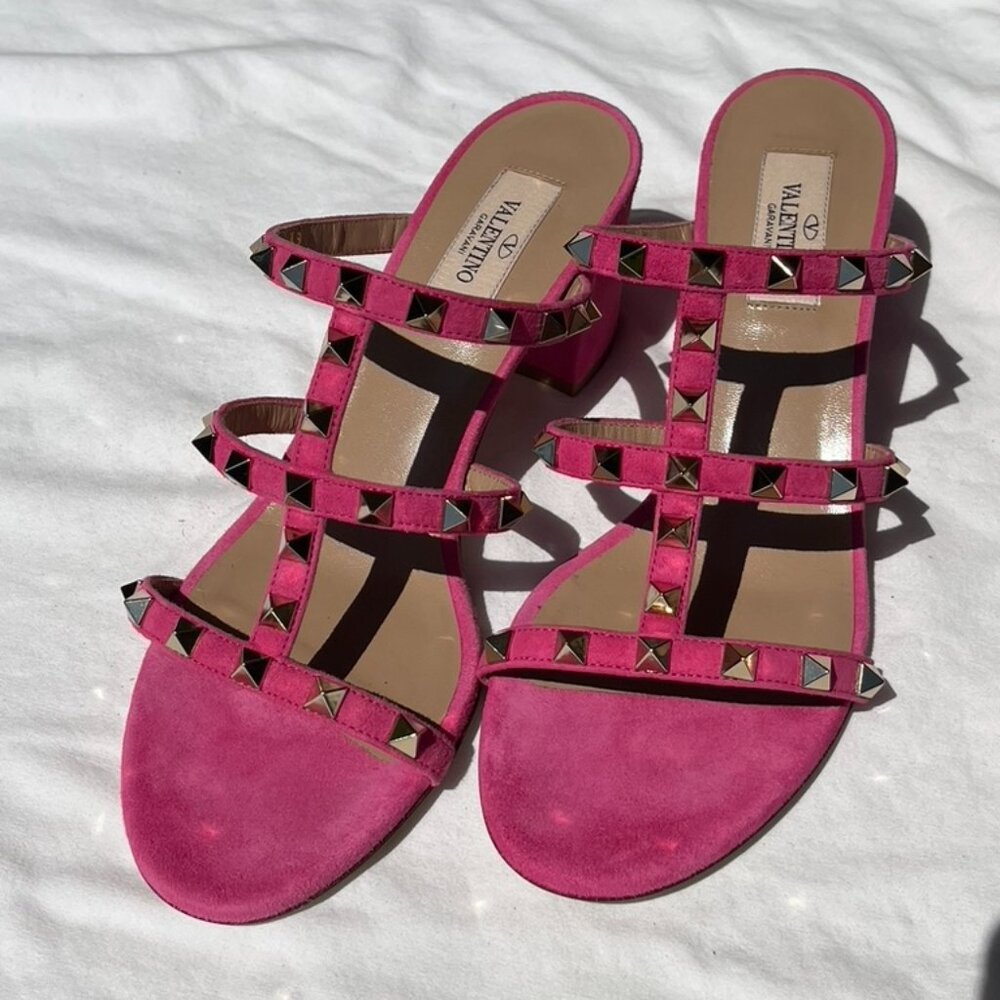 Valentino Hot Pink Rockstud Suede Sandals - Size 39